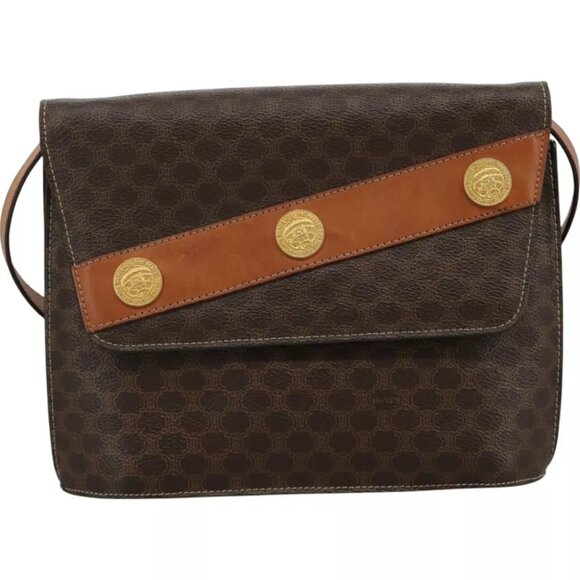 CELINE Macadam Canvas Shoulder Bag PVC Leather Gold Brown Auth - Picture 1 of 16
